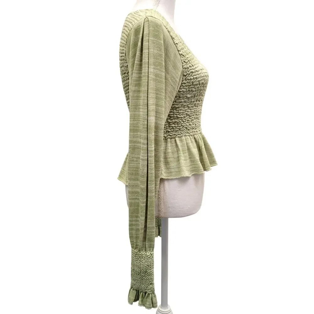 Free People Peplum Top Women's XS Green Free Spirit Long Sleeve Smocked Boho